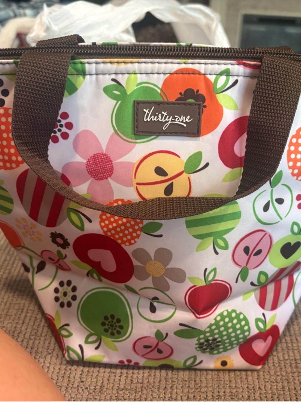thirty-one Floral & Apple Print Tote in Green, Red, Pink, Brown